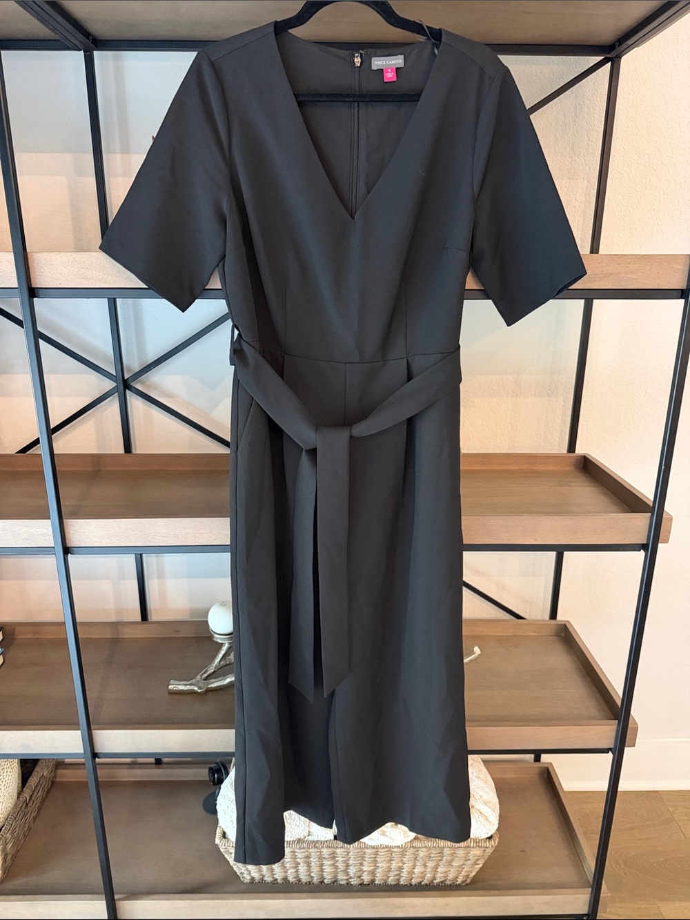 Vince Camino Black V-Neck Midi Dress with Tie Waist